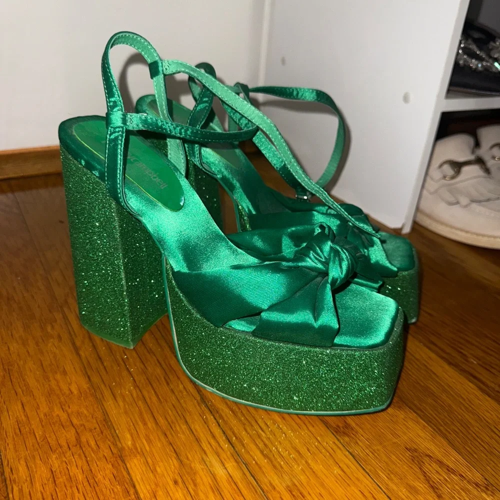 Jeffrey Campbell Green Satin & Glitter Platform Heels Never Worn - Picture 3 of 11
